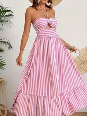 Women's Pink Striped Maxi Dress - Elegant Summer Style